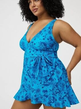 Torrid Wireless Ruffle Swim Dress-Ocean mermaid fantasy teal